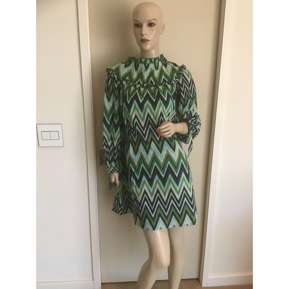 Olivia James The Label 100%Cotton Green Chevron Zigzag Ruffle Mini Dress S NWT